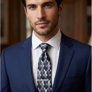 Ziggurat Longs Mens‎ Silk Tie Geometric Diamond Art Deco Black Silver Blue Extra